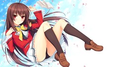 Anime brown red eyes blush long hair school uniforms seifuku 
