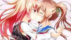 Anime brown red eyes blush pink hair anime girls seifuku yuri 