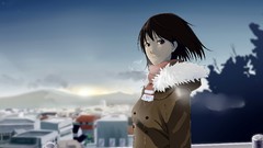 Anime brown scarfs cities anime girls brown eyes brunettes 