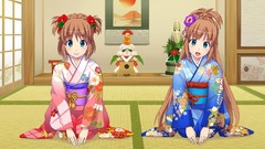 Anime brown tan anime girls blue eyes yukata twintails Japanese 