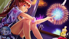Anime brown tears fireworks kimono clocks pajamas long hair 