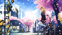 Anime cherries Bicycles anime girls school uniforms