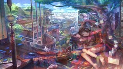 Anime City kimono anime girls cityscape