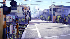 Anime City urban street railway crossing