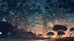 Anime clouds Trees Lake sunset landscape power lines anime girls