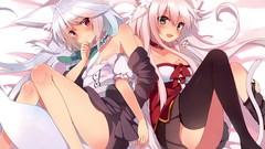 Anime collar white hair red eyes skirts blush blue hair pink 