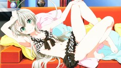 Anime couch anime girls green eyes gray hair nyaruko bikini 