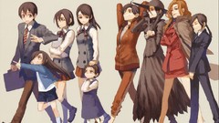 Anime couple schoolgirls skirts long hair short hair