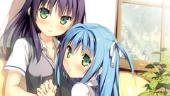 Anime Cube Ribbons blush blue hair long hair anime girls green 