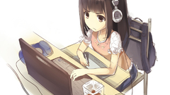 Anime desks brown eyes brunettes Simple Background