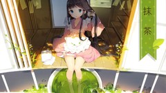 Anime dress blush barefoot blue eyes black hair artwork