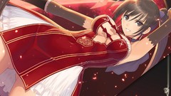 Anime dress gloves red dress smiling long hair brown eyes 