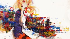 Anime dress hats red eyes Ribbons blondes multicolor long hair 