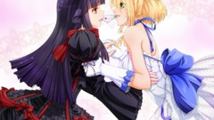 Anime dress horns long hair anime girls green eyes short hair 