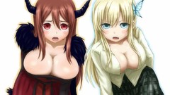 Anime dress white background horns red eyes blondes skirts 