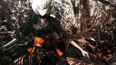 Anime fan Warriors red eyes kimono anime girls short hair 