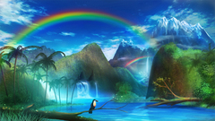 Anime fantasy art colorful rainbows landscape Birds sky water