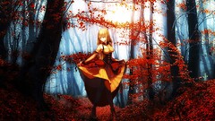 Anime fantasy girl fantasy art Trees forest standing blonde fall