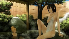 Anime fences anime girls brunettes short hair towels hot springs