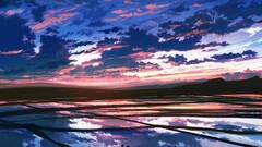 Anime field artwork outdoors sky clouds reflection sunlight