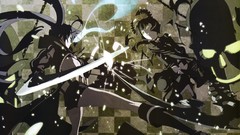 Anime fight horns long hair boots blue eyes scythe green eyes 