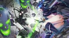 Anime fight horns skulls anime girls blue eyes scythe black 