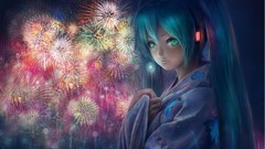 Anime fireworks blue hair long hair blue eyes hatsune miku 