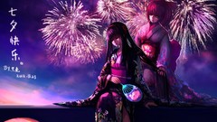 Anime fireworks red eyes kimono asians pink hair long hair 