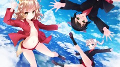 Anime flying white hair anime girls blue eyes green eyes skies 