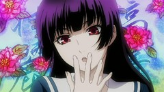 Anime ghost red eyes school uniforms open mouth purple hair 