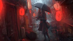 anime girls Anime Asia urban umbrella red City standing rain