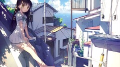 anime girls Anime barefoot dark hair yellow eyes urban town