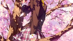 anime girls Anime outdoors sitting Trees pink hair purple eyes