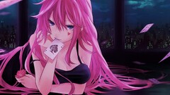 anime girls Anime pink hair playing cards blue eyes long hair