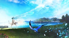 anime girls Anime sky Birds Women women outdoors Flowers clouds
