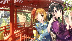 Anime girls asian architecture hair ornaments Japanese clothes 