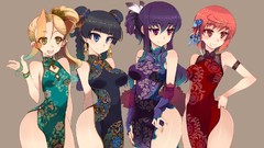 Anime girls black hair purple hair Chinese clothes chinese dress