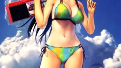 Anime girls blue eyes brunettes bikini popsicles tan lines