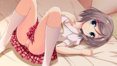 Anime girls blue eyes brunettes short hair lying down knee 