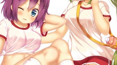 Anime girls blue eyes green hair purple hair panties thigh 