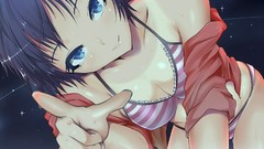Anime girls blue eyes short hair ecchi panties illustrations