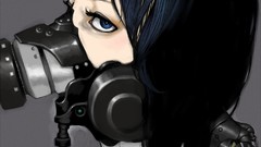Anime girls blue eyes short hair gas masks Simple Background