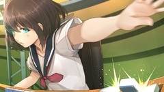 Anime girls brunettes school uniforms saki mahjong aqua eyes 