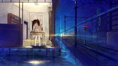 Anime girls brunettes twintails original characters railroads 