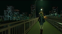 anime girls City Bridge alone night cityscape