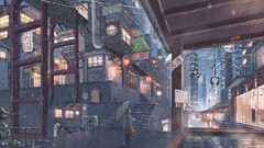 anime girls cityscape night