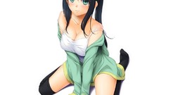 Anime girls green eyes black hair cleavage thigh highs