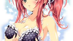 Anime girls green eyes bra redheads underwear holding boobs