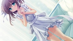 Anime girls green eyes brunettes short hair aprons