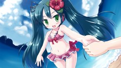 Anime girls green eyes hatsune miku vocaloid bikini twintails